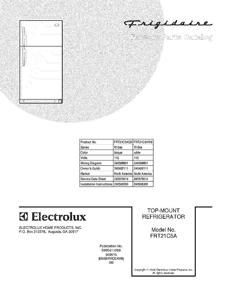 COVER Diagram and Parts List for FRT21C5AW9  Frigidaire Refrigerator