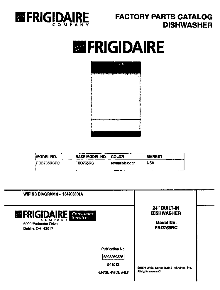 COVER Diagram and Parts List for FDB765RCR0  Frigidaire Dishwasher