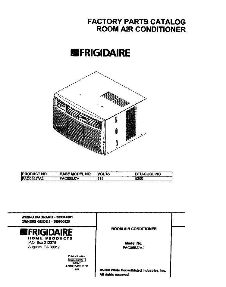 COVER Diagram and Parts List for FAC055J7A2  Frigidaire Air Conditioner