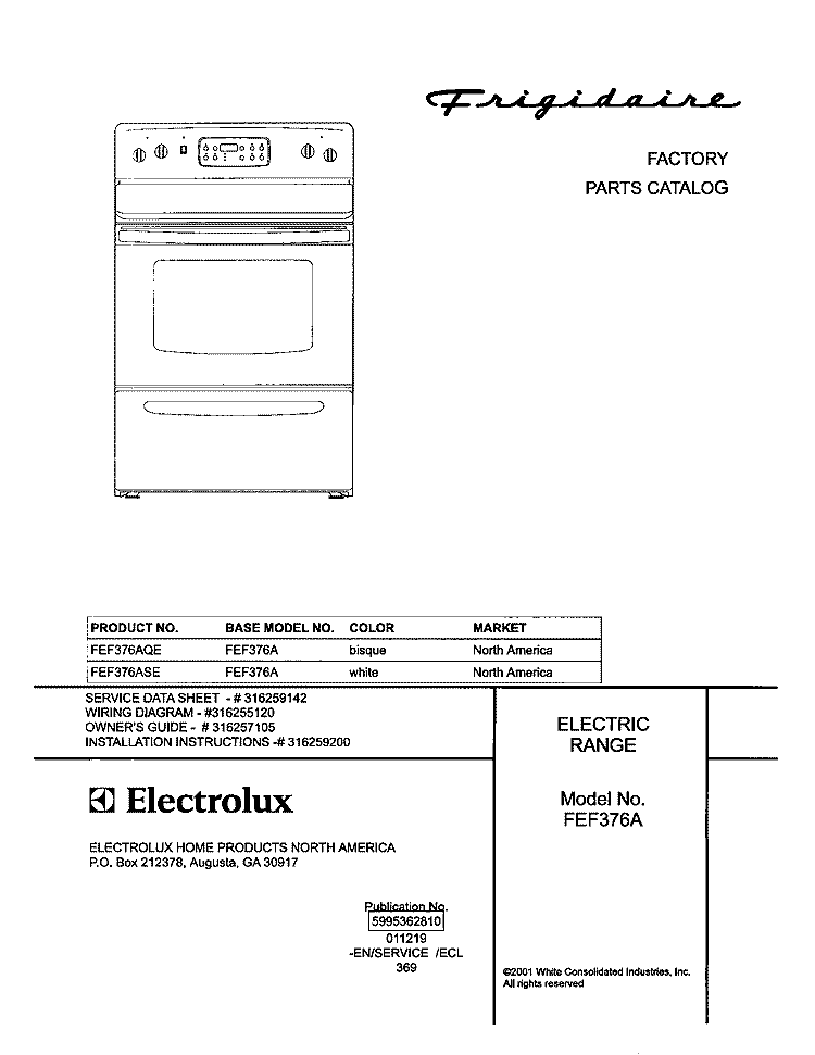 COVER Diagram and Parts List for FEF376ASE  Frigidaire Range