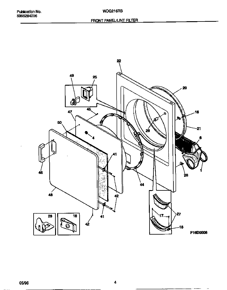 FRONT PANEL / LINT FILTER Diagram and Parts List for WDG216RBD2  Frigidaire Dryer