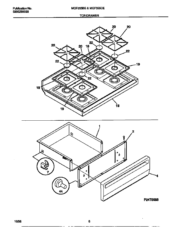 TOP / DRAWER Diagram and Parts List for MGF355CESC  Frigidaire Range