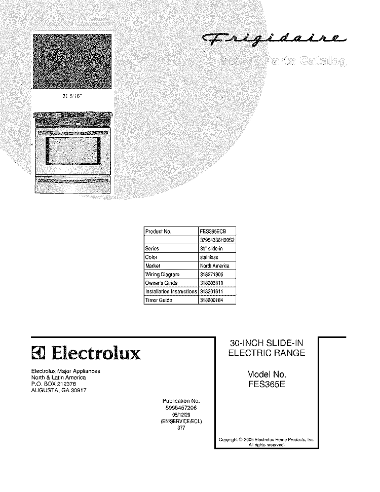 COVER Diagram and Parts List for FES365ECB  Frigidaire Range