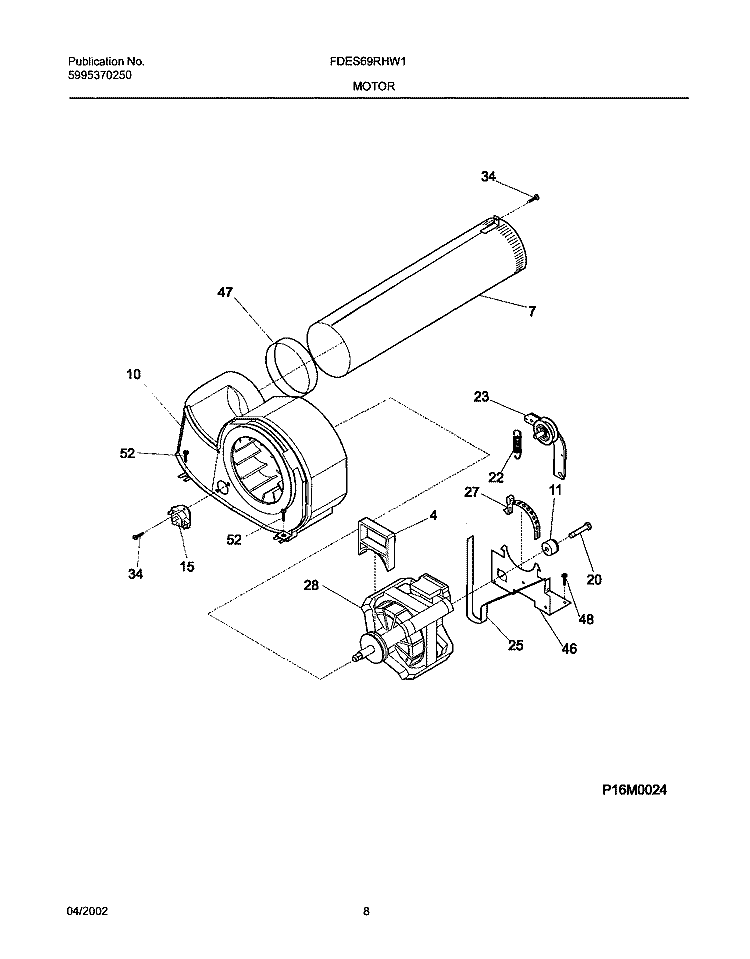 MOTOR, BLOWER Diagram and Parts List for FDES69RHW1  Frigidaire Dryer