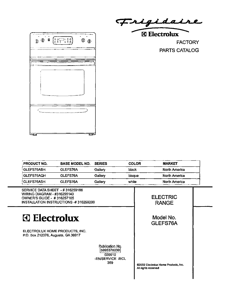 COVER Diagram and Parts List for GLEFS76AQH  Frigidaire Range