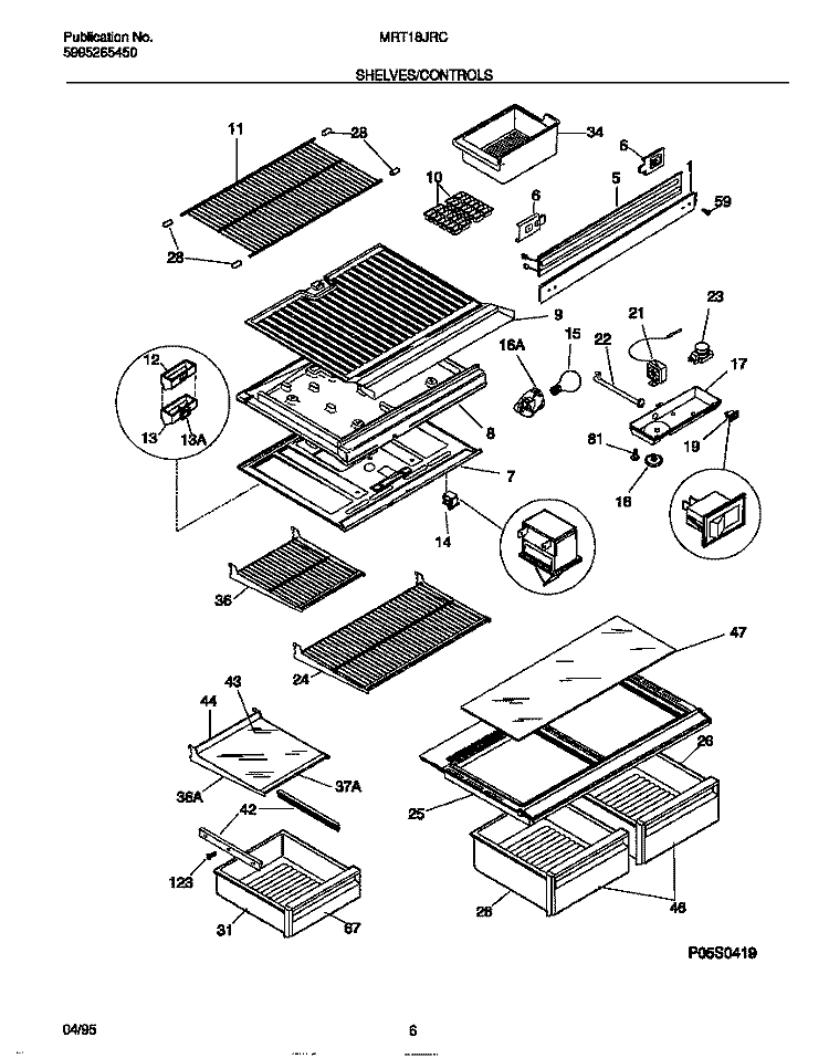 SHELVES / CONTROLS Diagram and Parts List for MRT18JRCW0  Uni Refrigerator