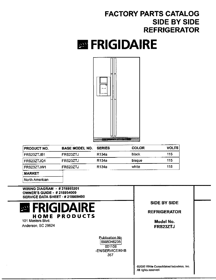 COVER Diagram and Parts List for FRS23ZTJW1  Frigidaire Refrigerator