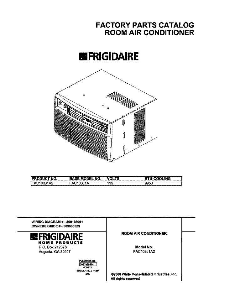 COVER Diagram and Parts List for FAC103J1A2  Frigidaire Air Conditioner