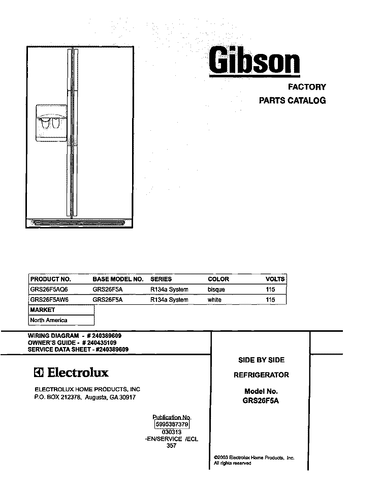 COVER Diagram and Parts List for GRS26F5AW6  Gibson Refrigerator