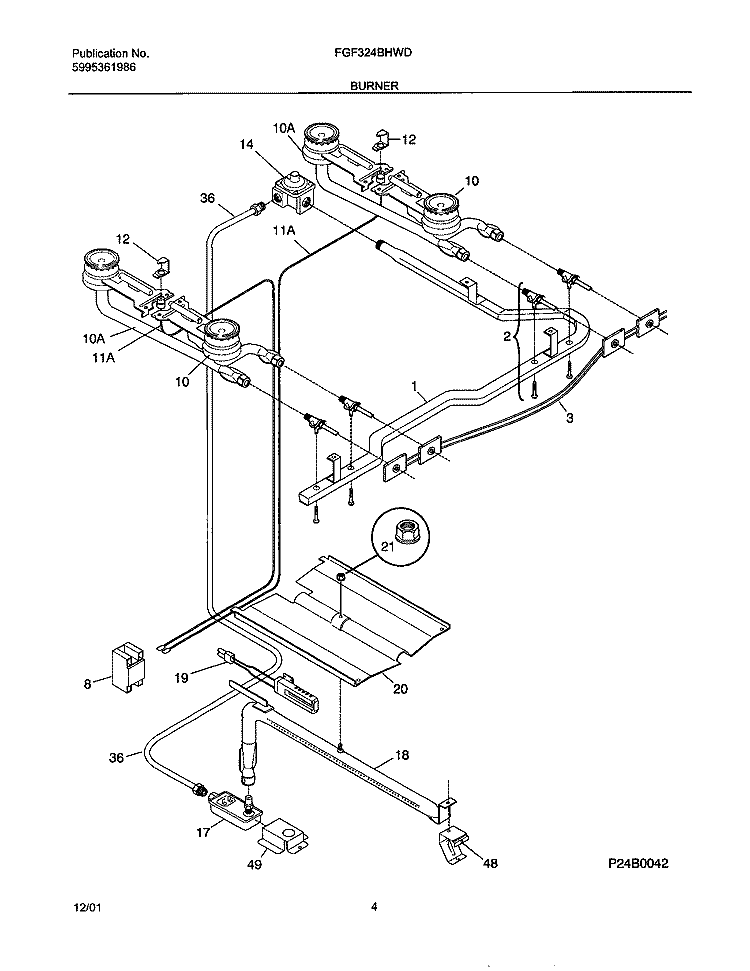BURNER Diagram and Parts List for FGF324BHWD  Frigidaire Range