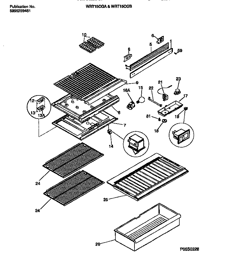 SHELVES, CONTROLS, DIVIDER, MULLION Diagram and Parts List for WRT15CGBW1  Frigidaire Refrigerator