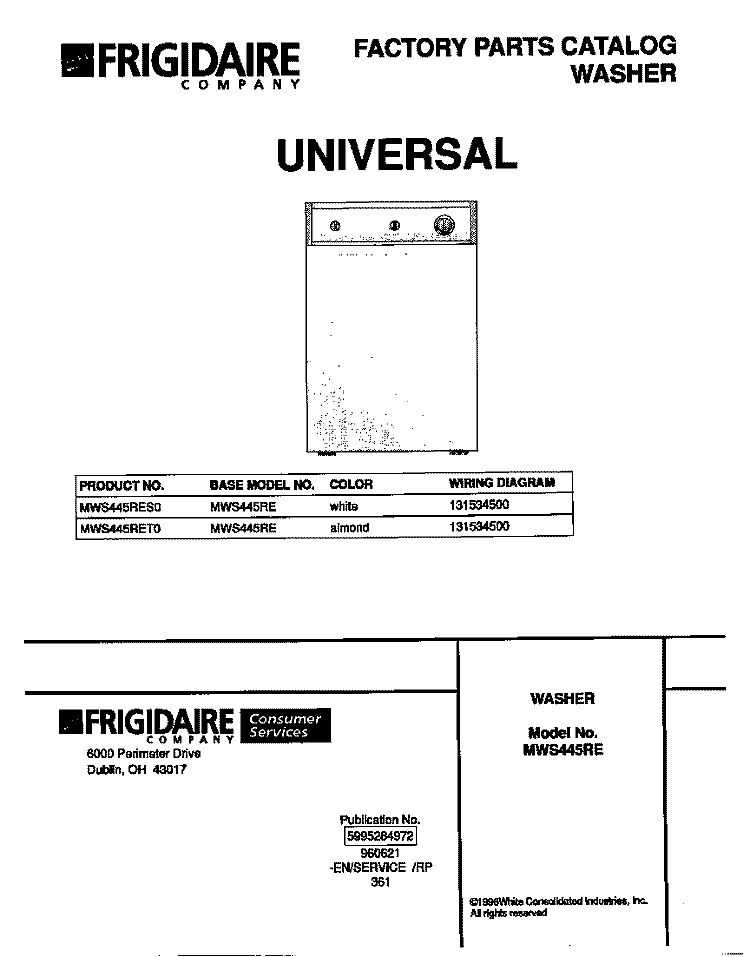 COVER Diagram and Parts List for MWS445RET0  Frigidaire Washer