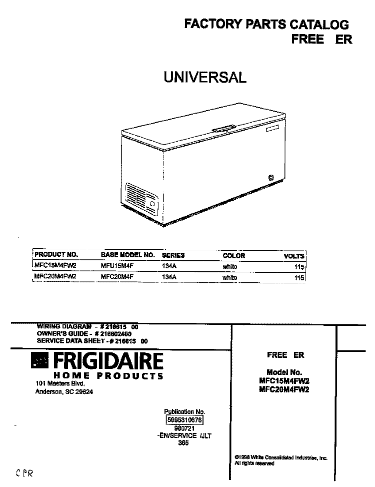 COVER Diagram and Parts List for MFC20M4FW2  Frigidaire Freezer