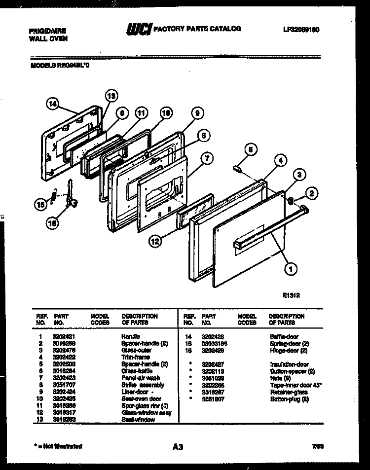 DOOR PARTS Diagram and Parts List for REG94BLB0  Frigidaire Wall Oven