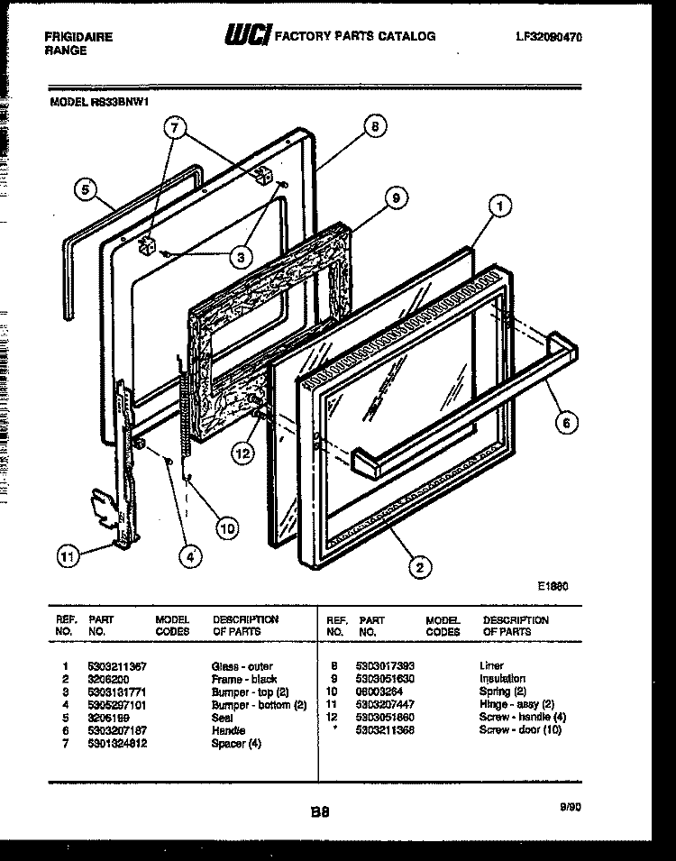DOOR PARTS Diagram and Parts List for RS33BNL1  Frigidaire Range