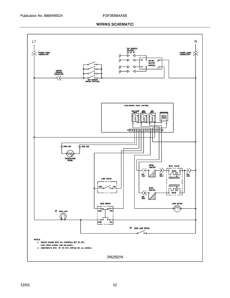 WIRING SCHEMATIC Diagram and Parts List for FGF363MXASB  Frigidaire Range