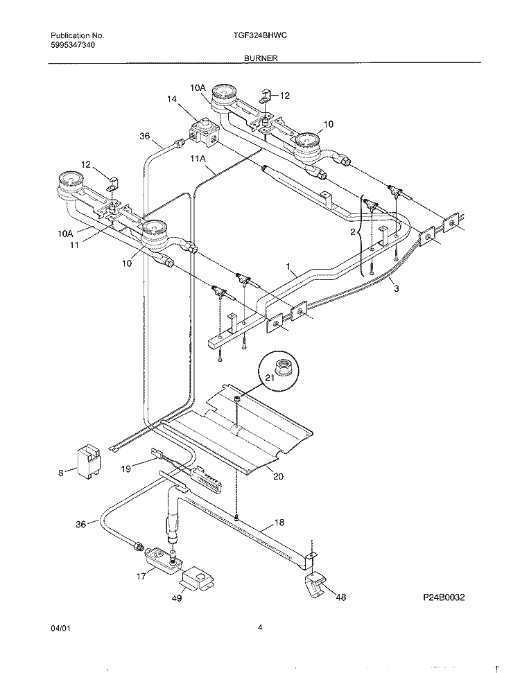 BURNER Diagram and Parts List for TGF324BHWC  Tappan Range