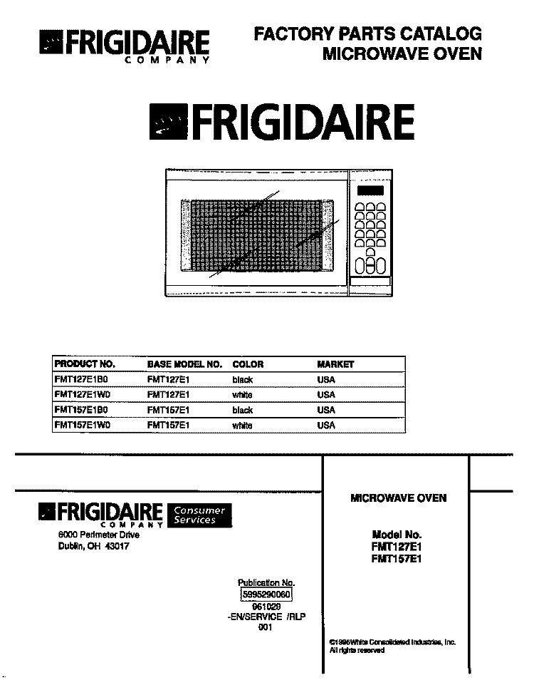 COVER Diagram and Parts List for FMT157E1W0  Frigidaire Microwave