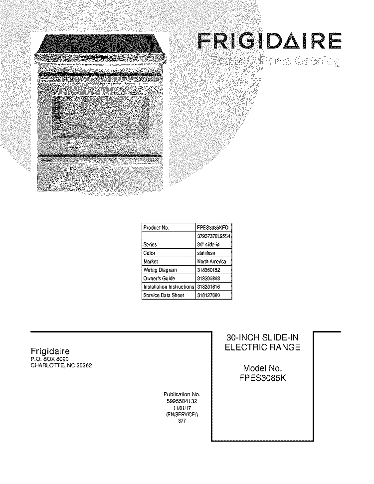 COVER Diagram and Parts List for FPES3085KFD  Frigidaire Wall Oven