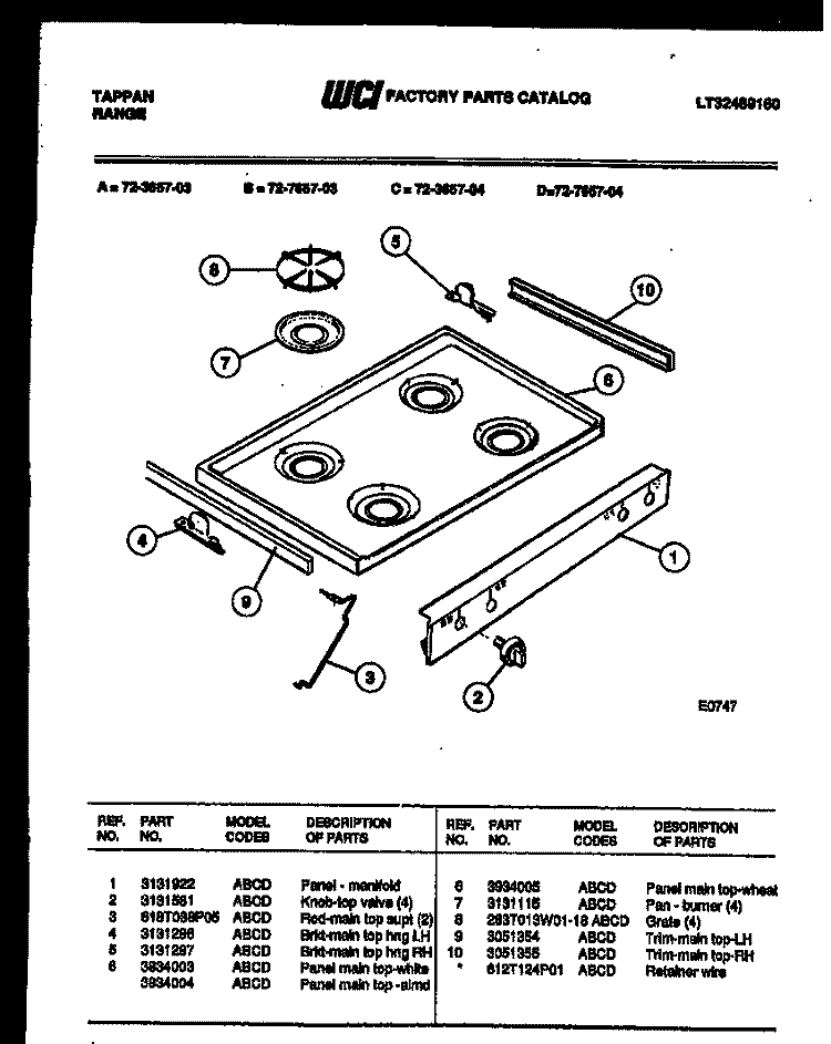 COOKTOP PARTS Diagram and Parts List for 72-3657-00-04  Tappan Range
