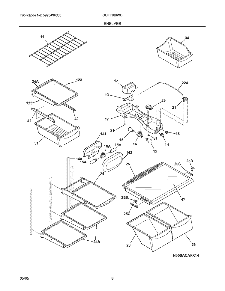 SHELVES Diagram and Parts List for GLRT188WDL3  Frigidaire Refrigerator