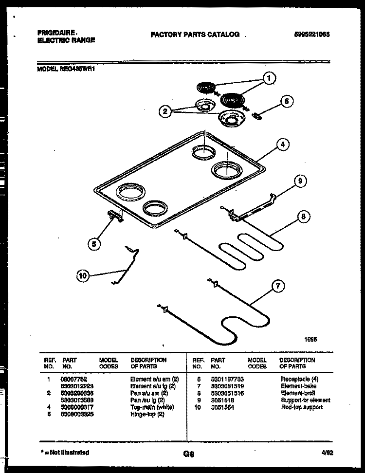 COOKTOP AND BROILER PARTS Diagram and Parts List for REG435WRW1  Frigidaire Range