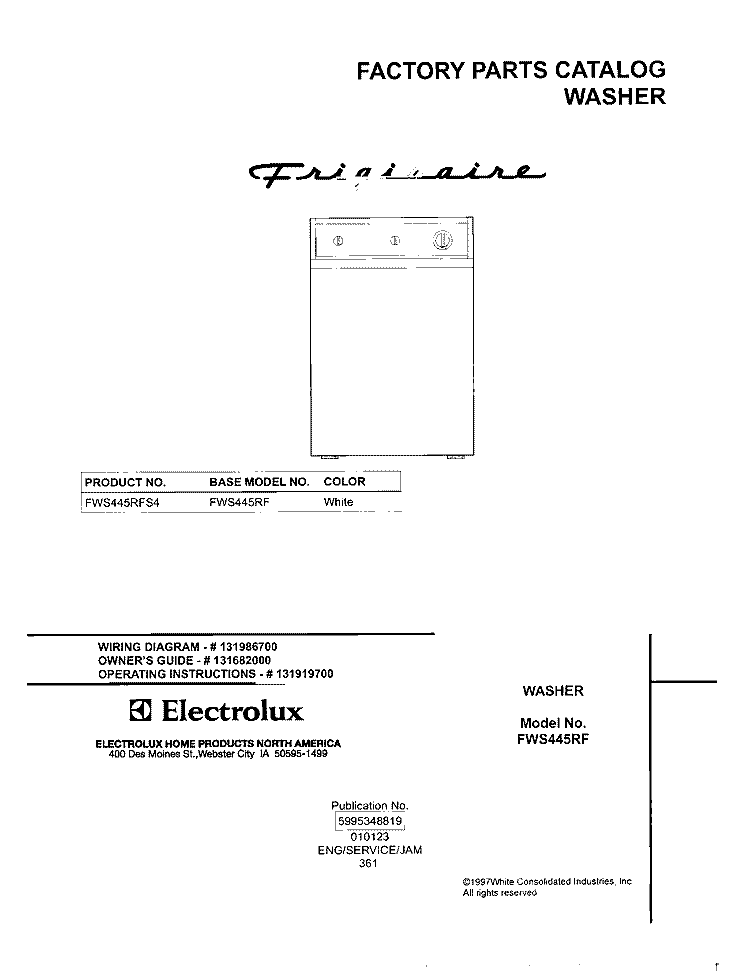 COVER Diagram and Parts List for FWS445RFS4  Frigidaire Washer