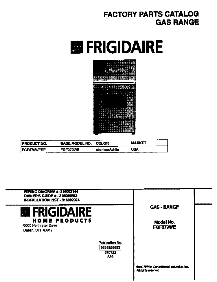 COVER Diagram and Parts List for FGF379WESE  Frigidaire Range