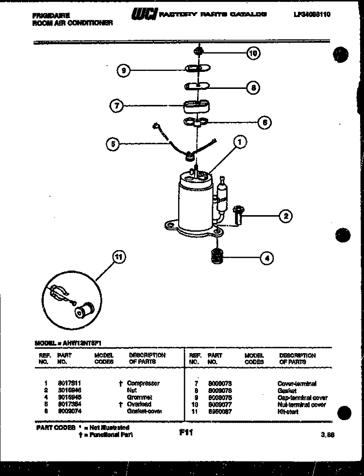 COMPRESSOR PARTS Diagram and Parts List for AHW12NT5F1  Frigidaire Air Conditioner
