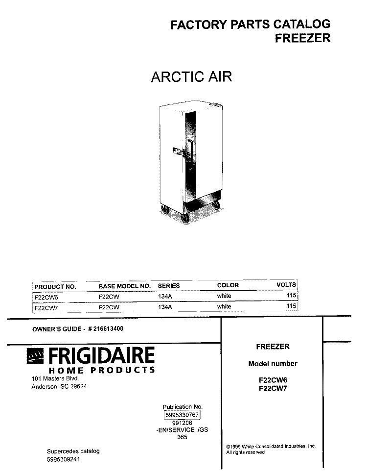 COVER Diagram and Parts List for F22CW7  Frigidaire Freezer