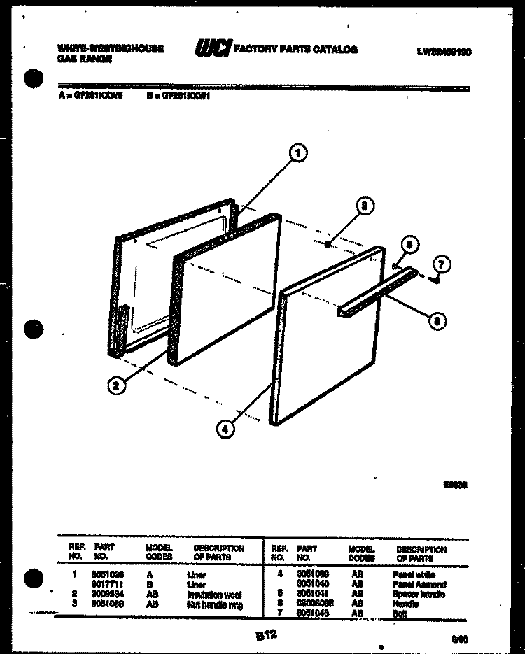 DOOR PARTS Diagram and Parts List for GF201KXD1  Frigidaire Range