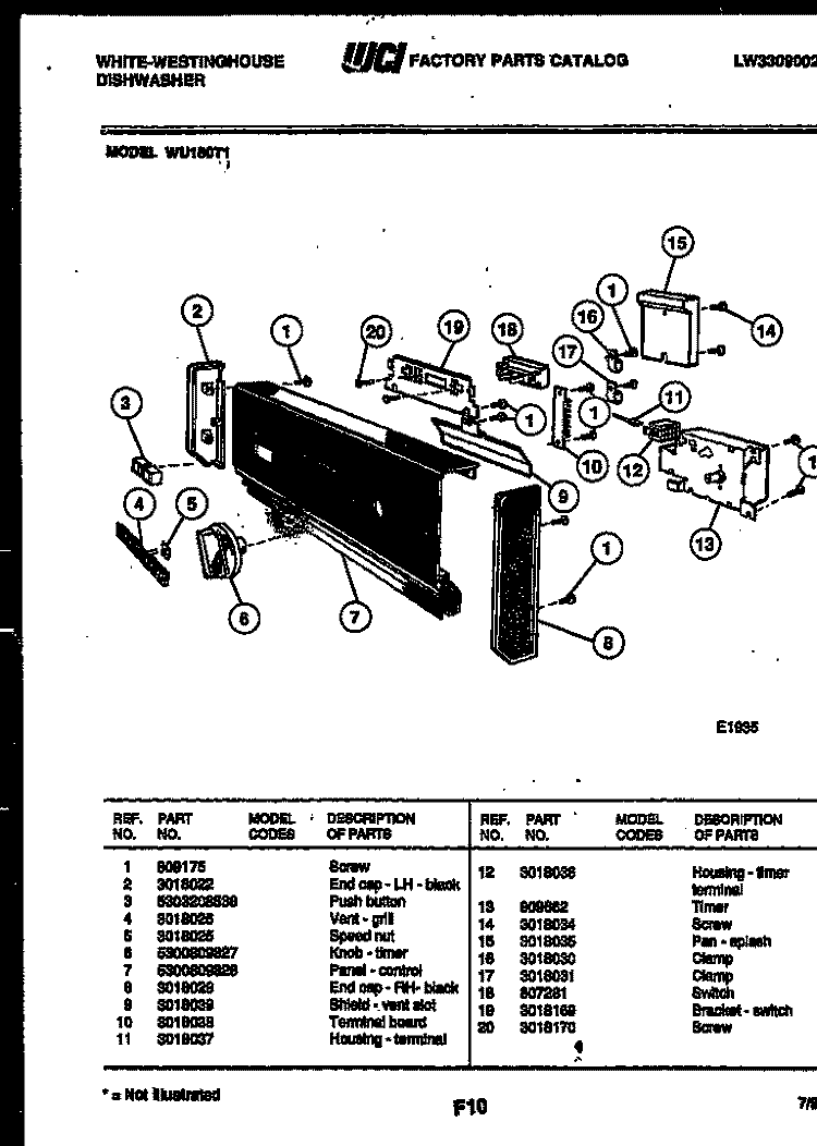 CONSOLE AND CONTROL PARTS Diagram and Parts List for WU180TR1  Frigidaire Dishwasher
