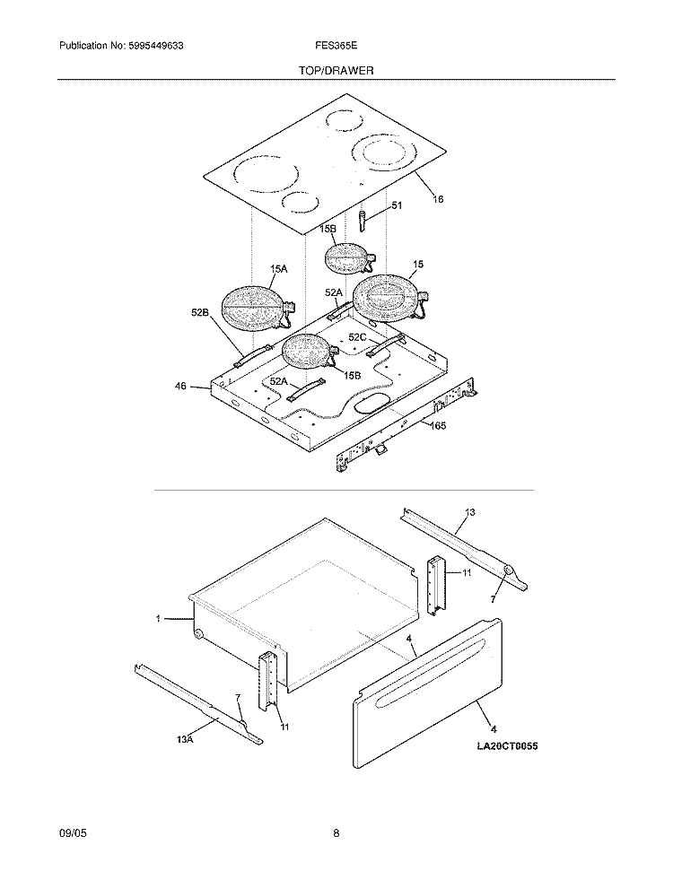 TOP / DRAWER Diagram and Parts List for FES365EQA  Frigidaire Range