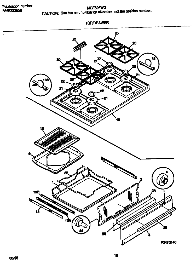 TOP / DRAWER Diagram and Parts List for MGF326WGSB  Frigidaire Range