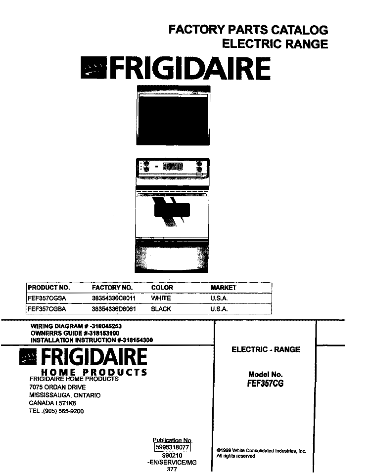 COVER Diagram and Parts List for FEF357CGBA  Frigidaire Range