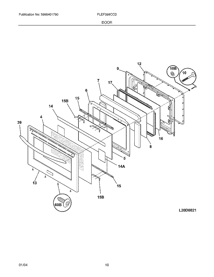 DOOR Diagram and Parts List for PLEF398CCD  Frigidaire Range
