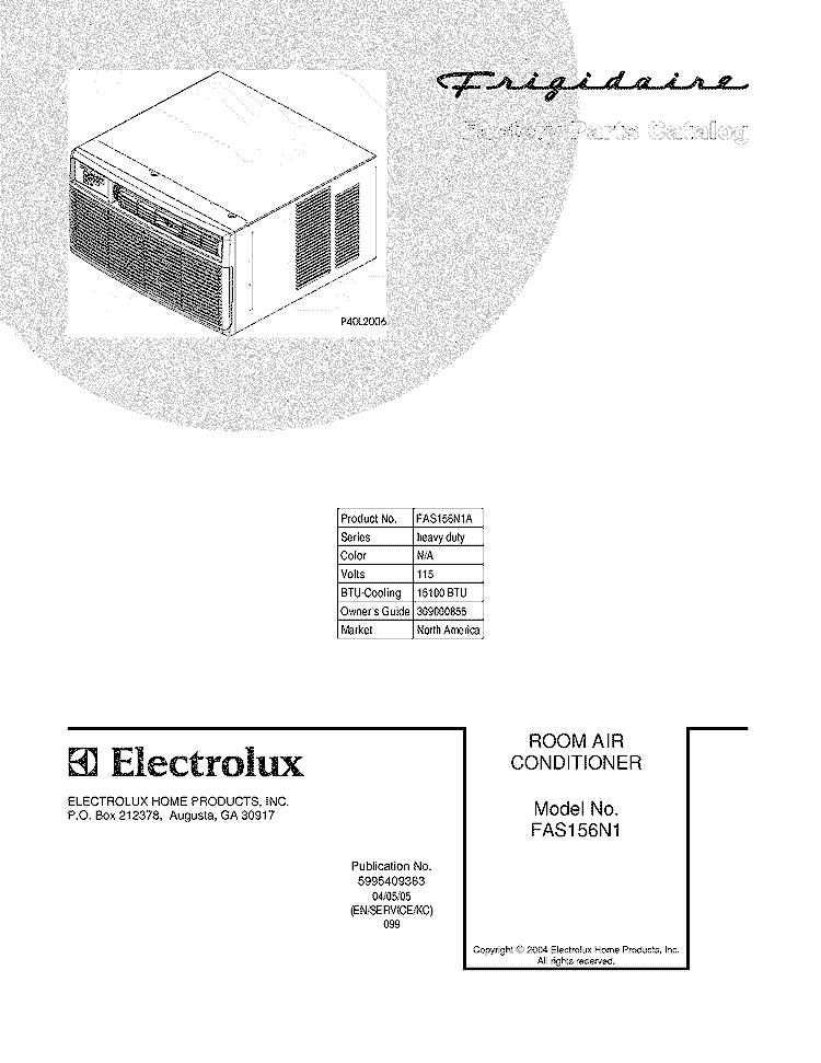 COVER Diagram and Parts List for FAS156N1A  Frigidaire Air Conditioner