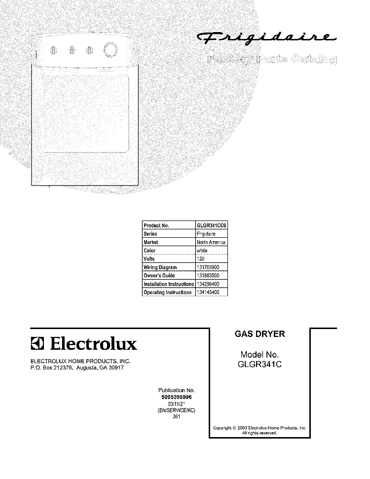 COVER Diagram and Parts List for GLGR341CC0  Frigidaire Dryer
