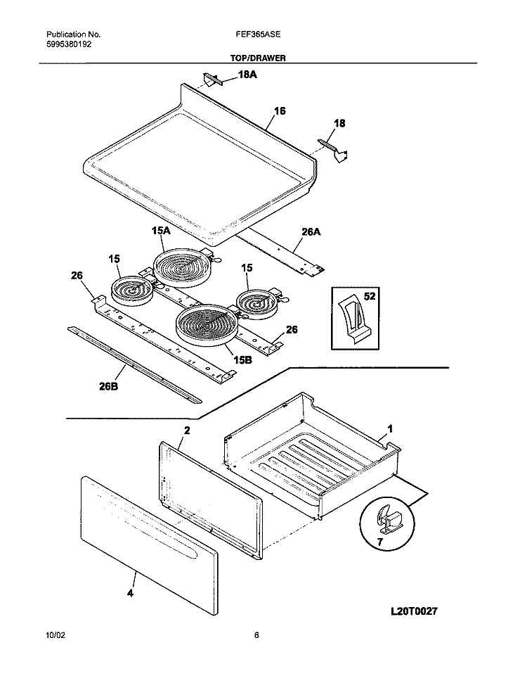 TOP / DRAWER Diagram and Parts List for FEF365ASE  Frigidaire Range