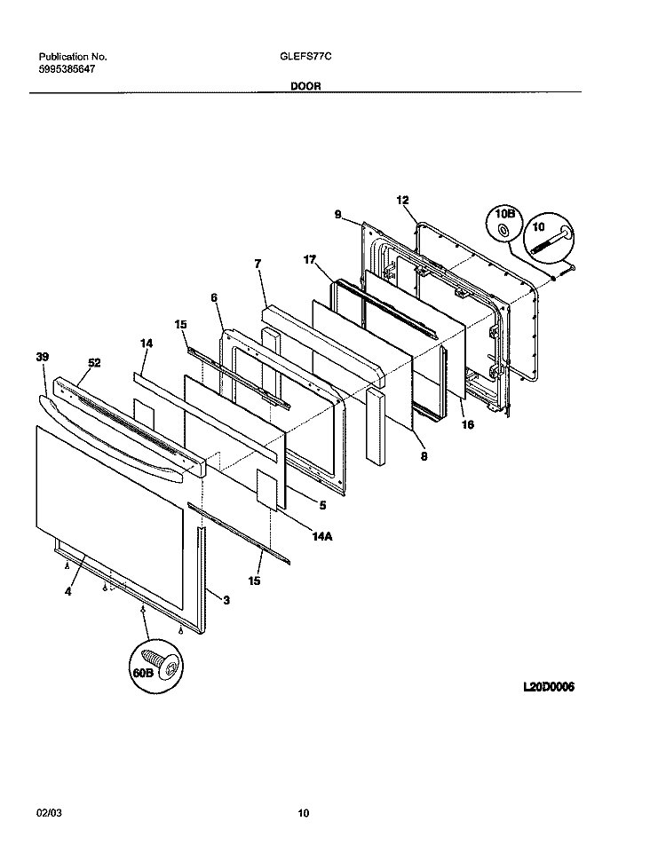 DOOR Diagram and Parts List for GLEFS77CQA  Frigidaire Range