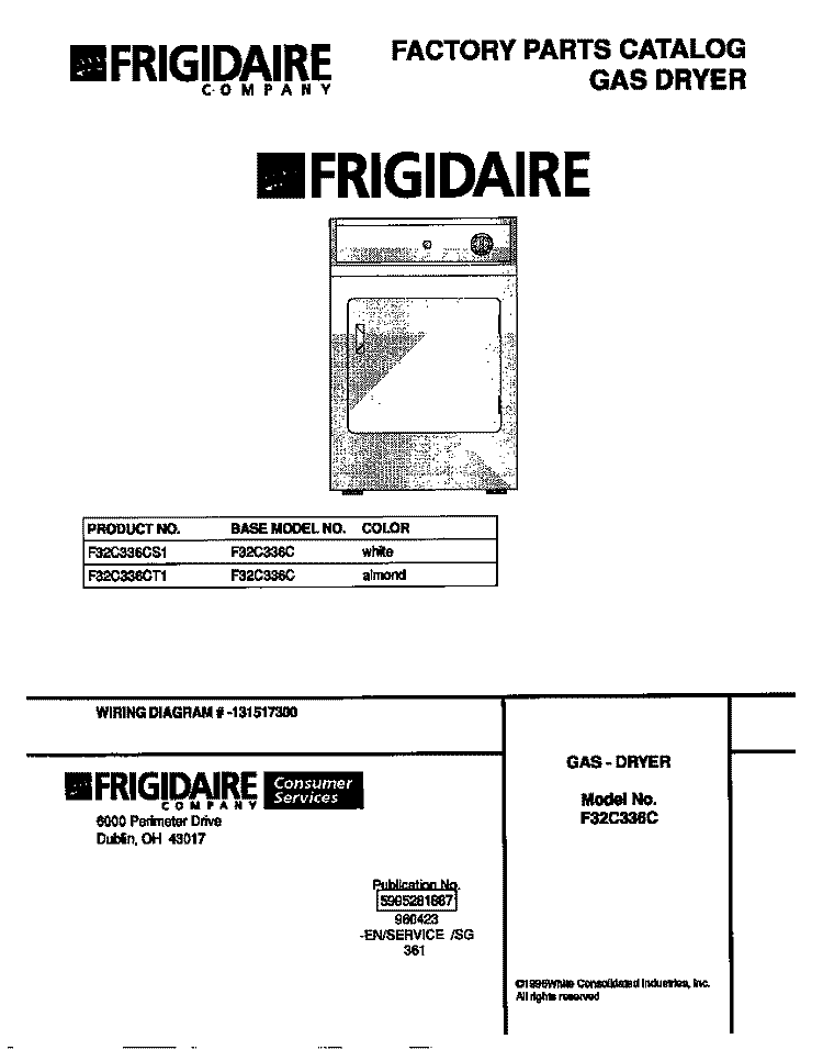 COVER Diagram and Parts List for F32C336CS1  Frigidaire Dryer