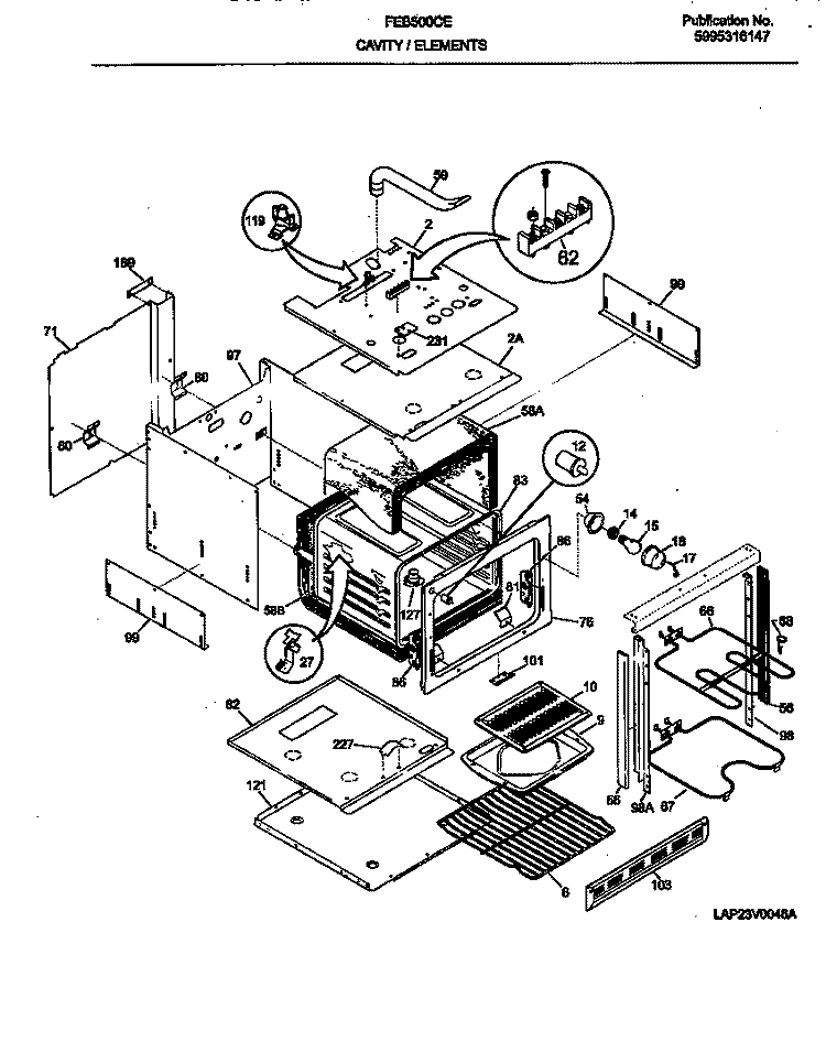 CAVITY / ELEMENTS Diagram and Parts List for FEB500CEBH  Frigidaire Wall Oven