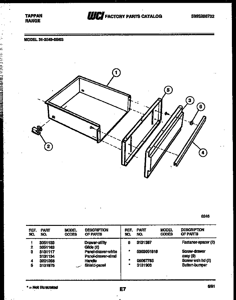 DRAWER PARTS Diagram and Parts List for 31-2549-23-03  Tappan Range