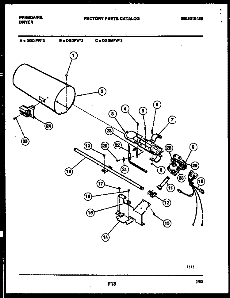BURNER, IGNITER AND VALVE Diagram and Parts List for DEGCIFL3  Frigidaire Dryer
