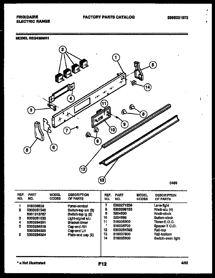 CONTROL PANEL Diagram and Parts List for REG435MRW1  Frigidaire Range