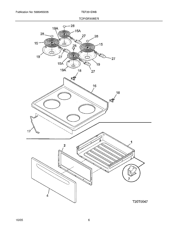 TOP / DRAWER Diagram and Parts List for TEF351EWB  Tappan Range