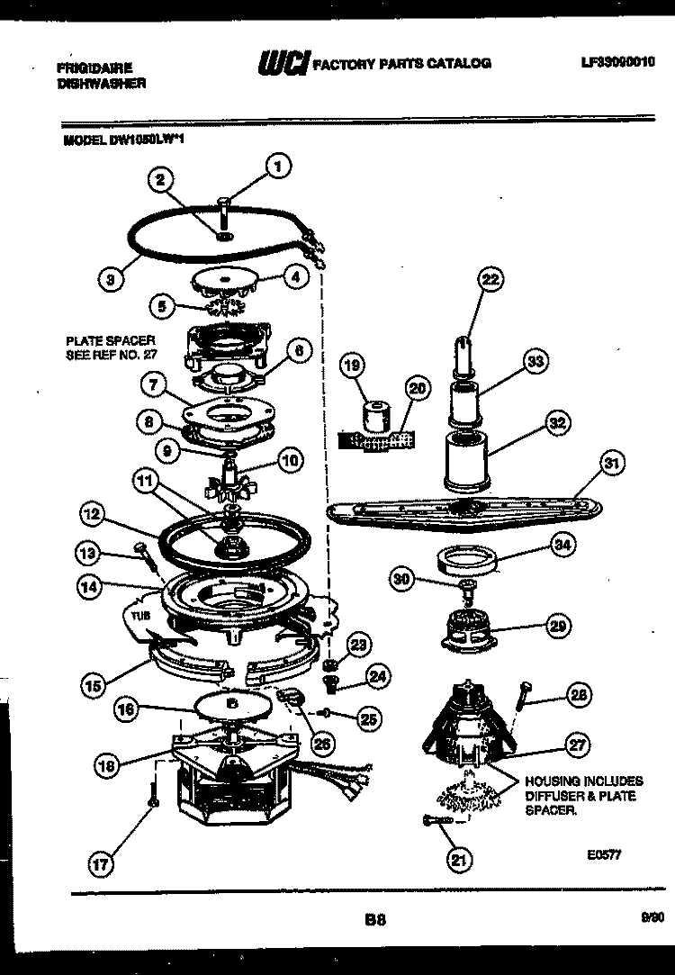 MOTOR PUMP PARTS Diagram and Parts List for DW1050LF1  Frigidaire Dishwasher