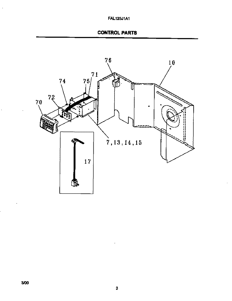 CONTROL PARTS Diagram and Parts List for FAL125J1A1  Frigidaire Air Conditioner