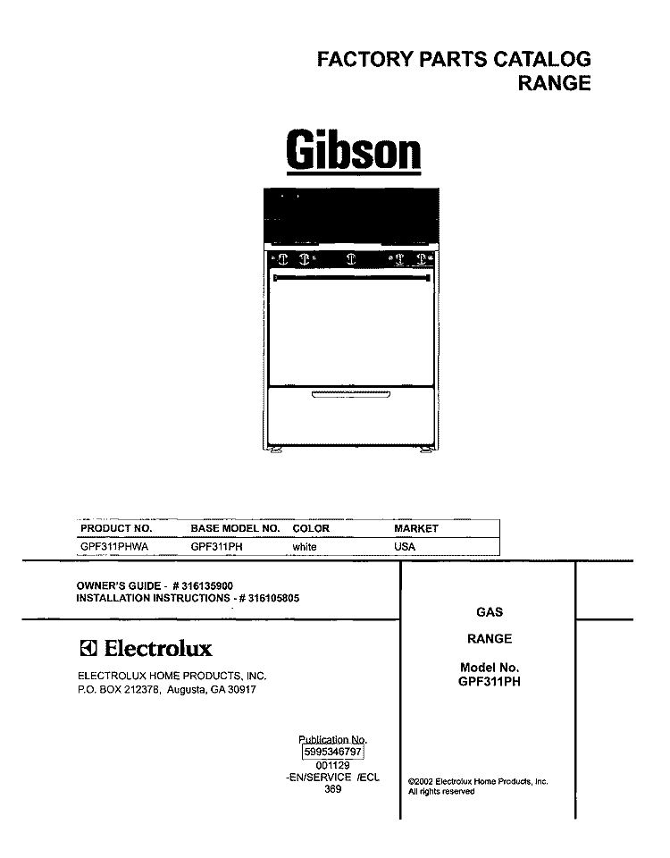 COVER Diagram and Parts List for GPF311PHWA  Gibson Range