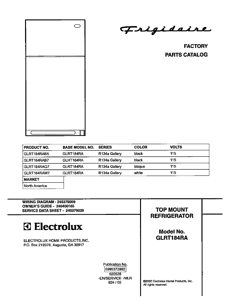 COVER Diagram and Parts List for GLRT184RAB5  Frigidaire Refrigerator